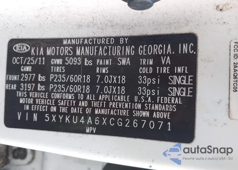 2012 Kia Sorento Ex z USA, uszkodzony, nr VIN 5XYKU4A6XCG267071